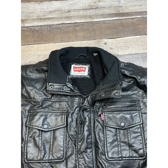 Levis Men XL Black Faux Leather Jacket Sherpa Fleece Lined Full Zip Biker Racer - Picture 2 of 6
